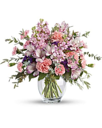 <div class="m-pdp-tabs-description">
<div id="mark-3" class="m-pdp-tabs-marketing-description">Oh so soft and divinely delicate, this perfect pastel bouquet is pretty as can be. Delivered in a classic ginger jar, the graceful arrangement of roses, alstroemeria, carnations and stock is a welcome surprise on any occasion.</div>
</div>
<p id="arrngDescp">This pretty arrangement includes crème roses, lavender alstroemeria, pink carnations, miniature pink carnations, pink stock, purple sinuata statice, parvifolia eucalyptus, and seeded eucalyptus.</p>