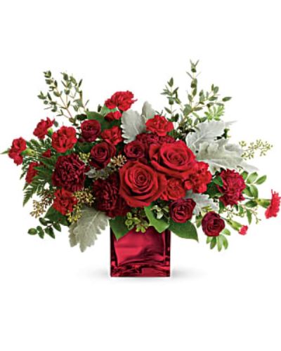 <div id="mark-3" class="m-pdp-tabs-marketing-description">When you truly want to take their breath away, send this mesmerizing rose bouquet. Its artistic, organic design, luxurious blooms, and shimmering cube vase set it apart from the rest!</div>
<p>&nbsp;</p>
<div id="desc-3">
<ul>
<li>This dramatic bouquet features red roses, dark red spray roses, maroon carnations, red miniature carnations, dusty miller, leatherleaf fern, huckleberry, seeded eucalyptus, lemon leaf, and parvifolia eucalyptus.</li>
</ul>
</div>