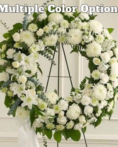 <hr />
<p>The Serene Sympathies Standing Wreath is a lovely reflection of the respect, love and compassion you want to express during this difficult time. Crafted by our expert florists, this standing wreath arrangement boasts fresh white flowers such as roses, football mums, and carnations accented by spiral eucalyptus, salal and more. Appropriate for family, friends and business associates to send directly to the funeral home.</p>
<p>&nbsp;</p>
<h2><strong>$279.94</strong></h2>