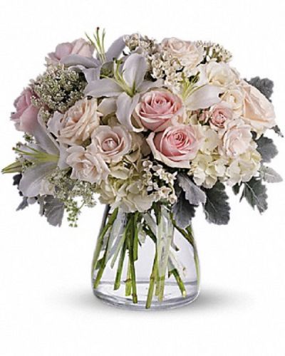 <div class="m-pdp-tabs-description">
<div id="mark-1" class="m-pdp-tabs-marketing-description">A whisper-quiet affirmation of love. Subtle shadings of pink and white roses, lilies and delicate Queen Anne's lace in a simple, elegant vase.</div>
</div>
<p id="arrngDescp">Gorgeous flowers such as white, crème and light pink roses, white oriental lilies and delicate Queen Anne's lace with a touch of silvery dusty miller, all in a classic vase.</p>