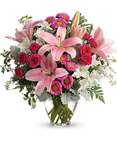 <div id="mark-2" class="m-pdp-tabs-marketing-description">Sure to make them blush! Spoil them on a special day, or just because, with this luxurious lily arrangement in gorgeous shades of blush pink.</div>
<div id="desc-2">
<ul>
<li>This pretty bouquet features hot pink spray roses, pink asiatic lilies, white alstroemeria, pink matsumoto asters, seeded eucalyptus, leatherleaf fern, dusty miller, and pitta negra.</li>
<li>Delivered in a Serenity Vase.</li>
</ul>
</div>